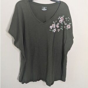 Lane Bryant Olive Green Floral Embroidered V-Neck Cotton Tee